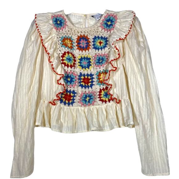 Topshop Cream Granny Square Long Sleeve Ruffle Size 8 Top - Picture 1 of 7